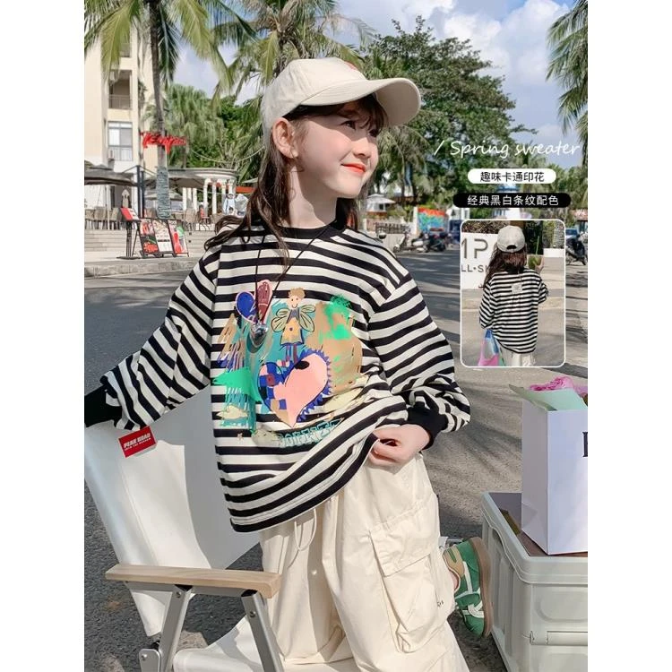 女童秋季2024新款洋气春秋款小女孩中大童日常新中式条纹上衣T恤