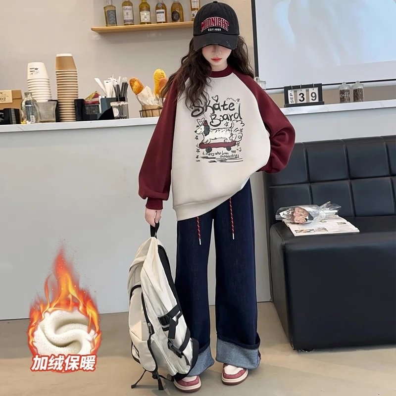 女童加绒卫衣秋冬款2024新款洋气女孩加厚圆领打底衫儿童冬季上衣