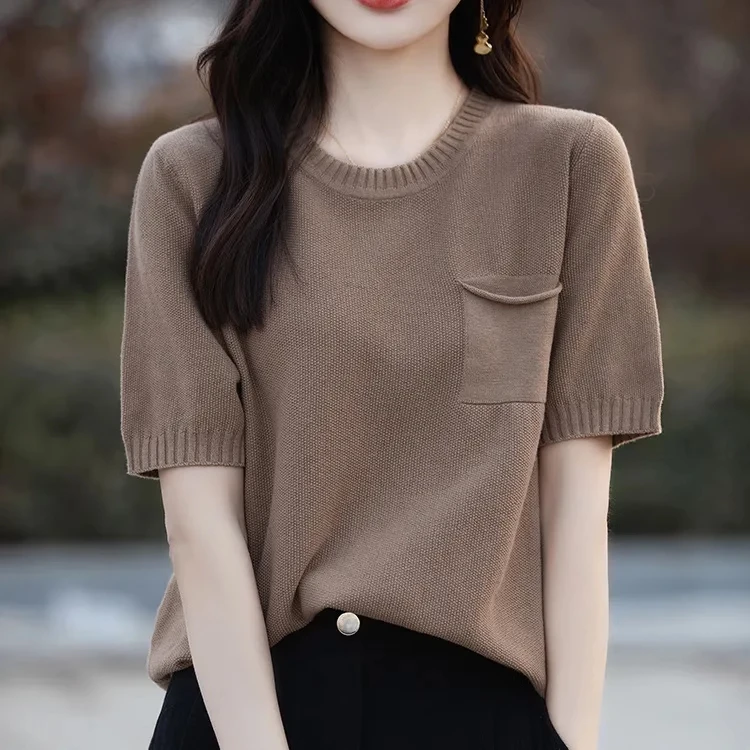 宽松遮肚【80-180斤】圆领复古冰丝短袖T恤女夏季新款口袋显瘦上衣
