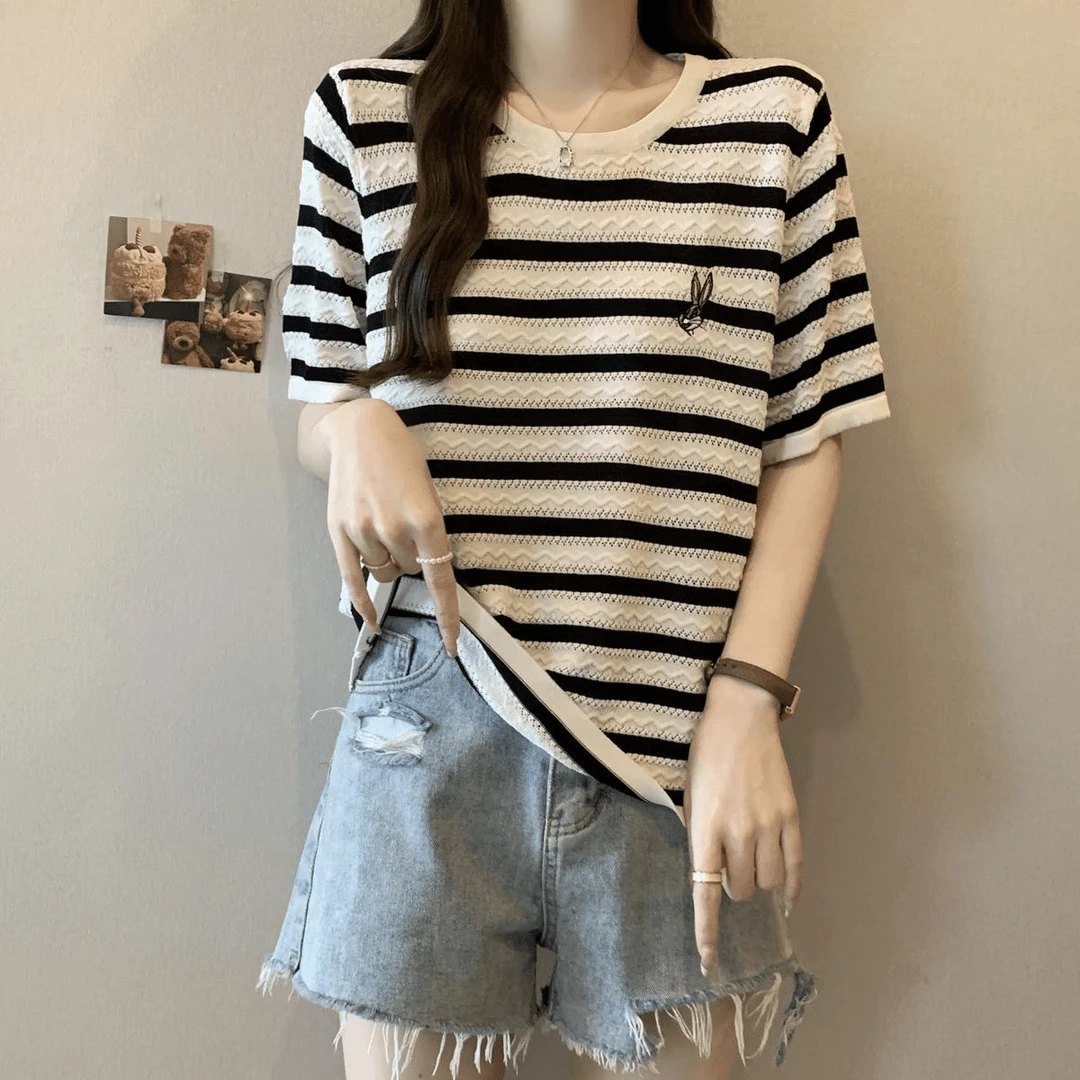 宽松遮肚【80-180斤】圆领冰丝短袖T恤女夏季条纹刺绣镂空针织上衣