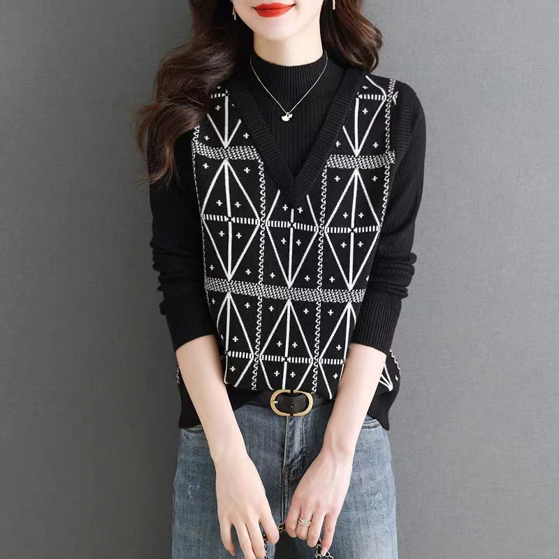 宽松遮肚【80-180斤】半高领假两件提花针织打底衫女秋冬季减龄毛衣