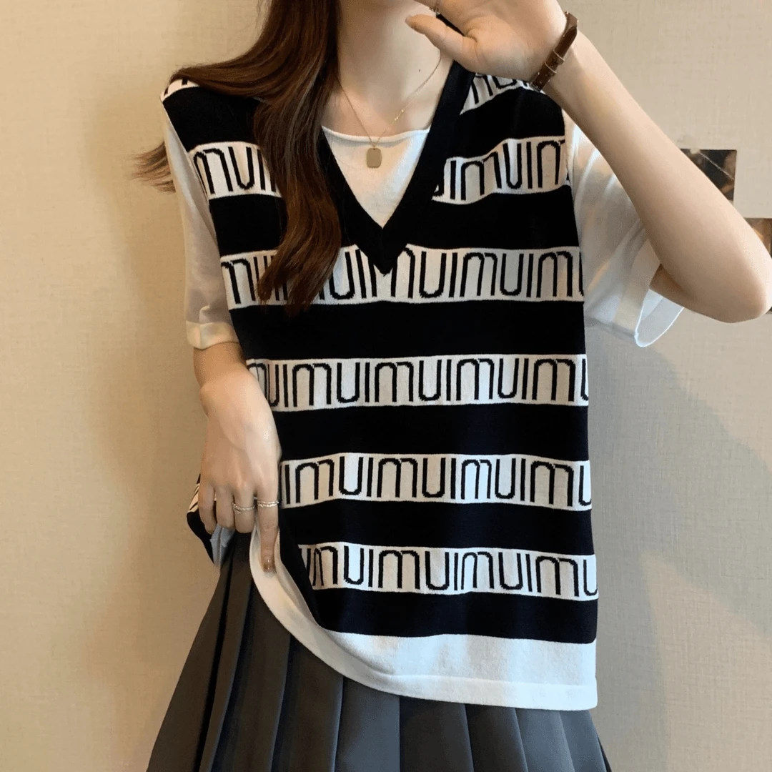 宽松遮肚【80-180斤】假两件条纹冰丝短袖T恤女夏季别致针织上衣潮