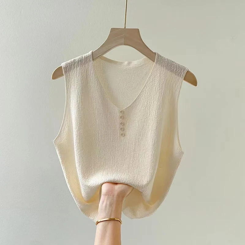 宽松遮肚【80-180斤】V领纽扣冰丝吊带背心女夏季时尚外穿无袖上衣