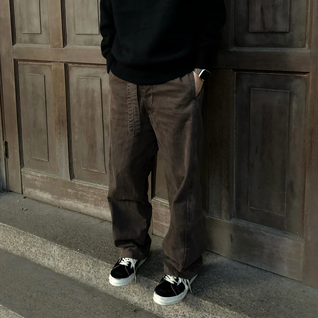 TZG 棕色工装裤男直筒宽松春秋季新款cleanfit复古百搭伐木裤潮