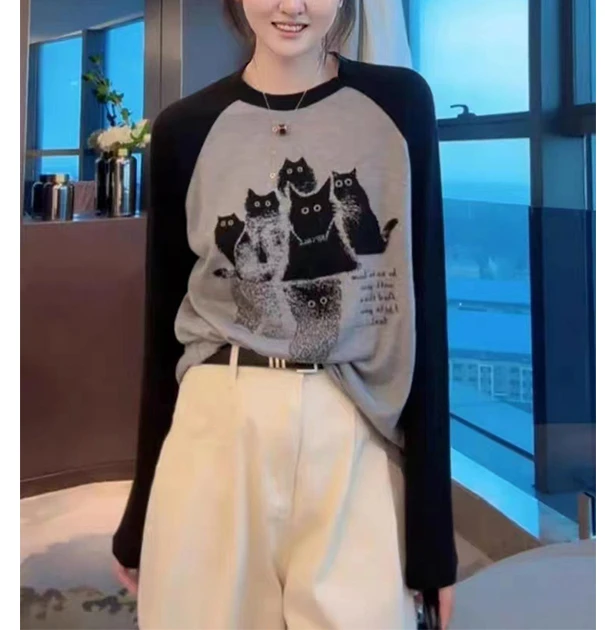 【501猫咪打底衫】早秋新款宽松设计感上衣女针织衫显瘦百搭