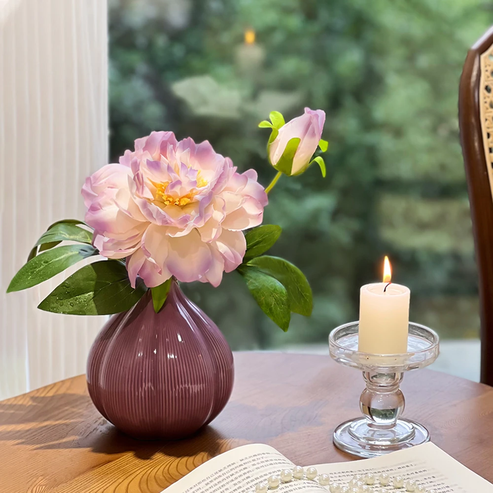 紫牡丹花瓶仿真花假花摆设餐桌电视柜旁装饰品轻奢高端花艺摆件