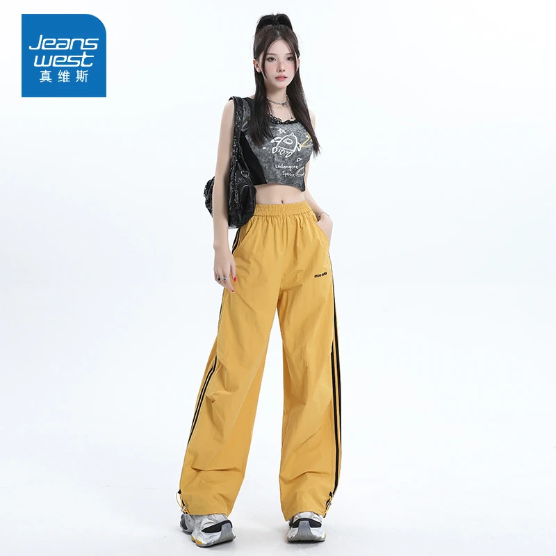 美式高街条纹速干阔腿运动裤女夏新款时髦宽松显瘦休闲冰丝工装裤