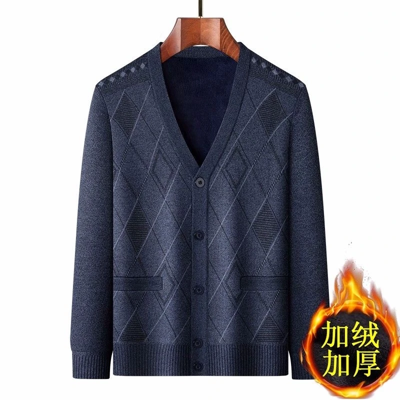 中老年男士秋冬开衫加绒加厚爸爸装外套冬季保暖针织毛衣纽扣长袖