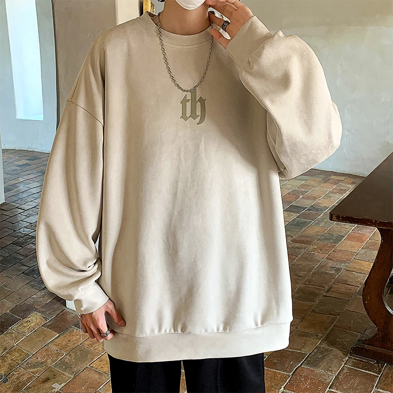 麂皮绒圆领卫衣男士秋季oversize潮牌上衣春秋款美式复古长袖衣服
