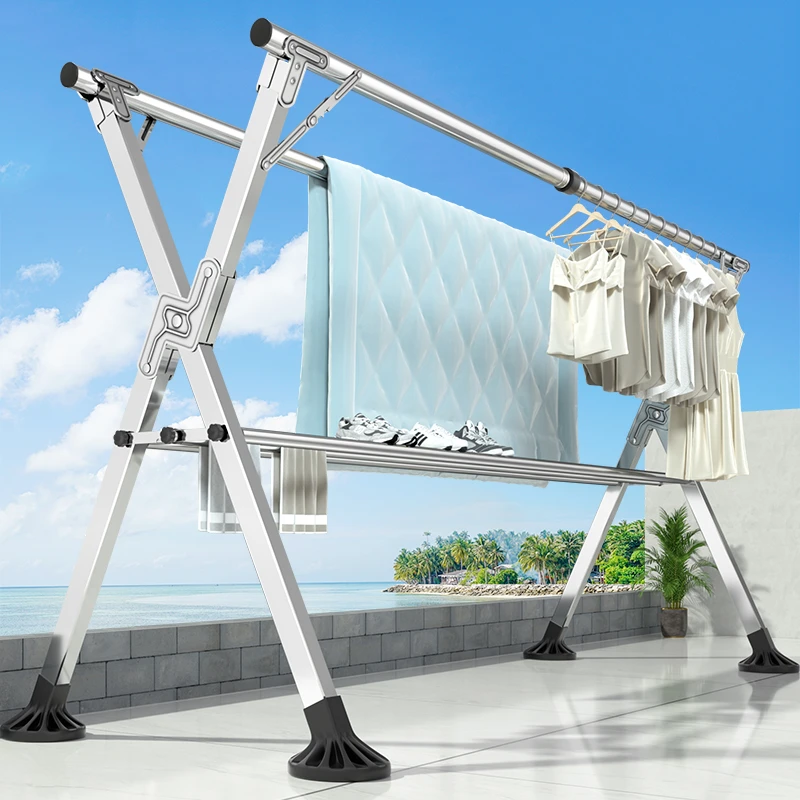 家用晾衣架落地双杆挂衣架折叠可伸缩阳台室内外晒衣服被子晾衣杆