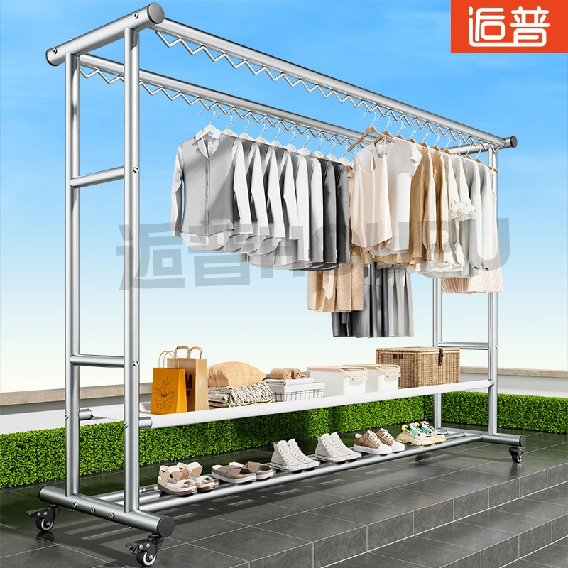 晾衣架落地家用阳台户外防风镀锌钢管凉衣杆加粗简易双层晒衣架子