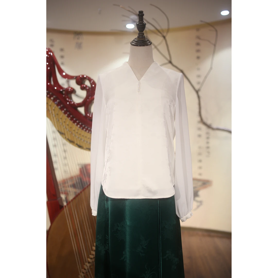 【雅弦】中式春夏新中式长袖百搭女士V领短上衣