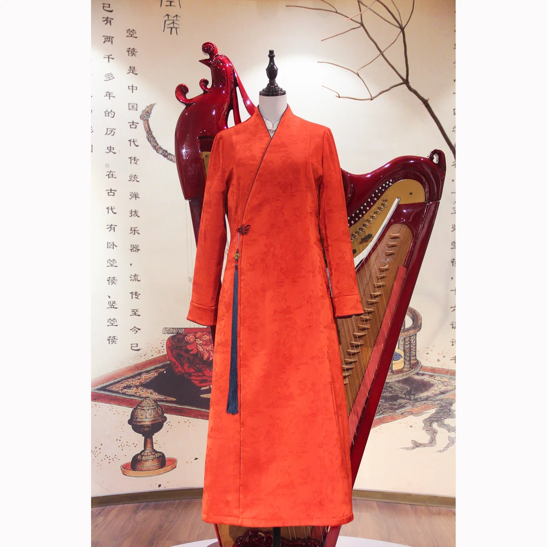 【雨枕画楼】冬季新中式国风暗纹提花交叉领气质 保暖长款棉服