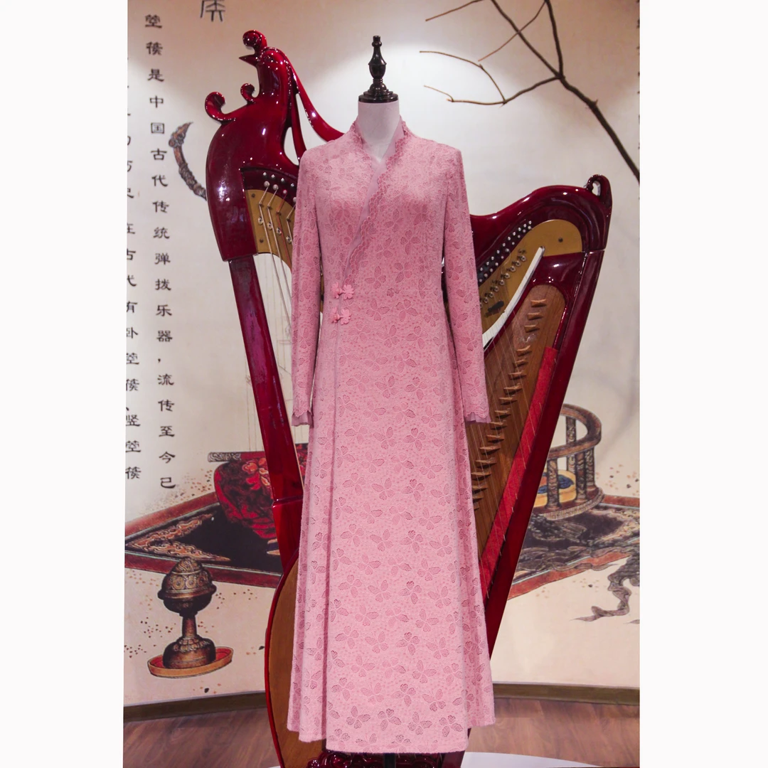 【紫梦星河】新中式秋季纯色气质甜美复古交领蕾丝长款显瘦连衣裙