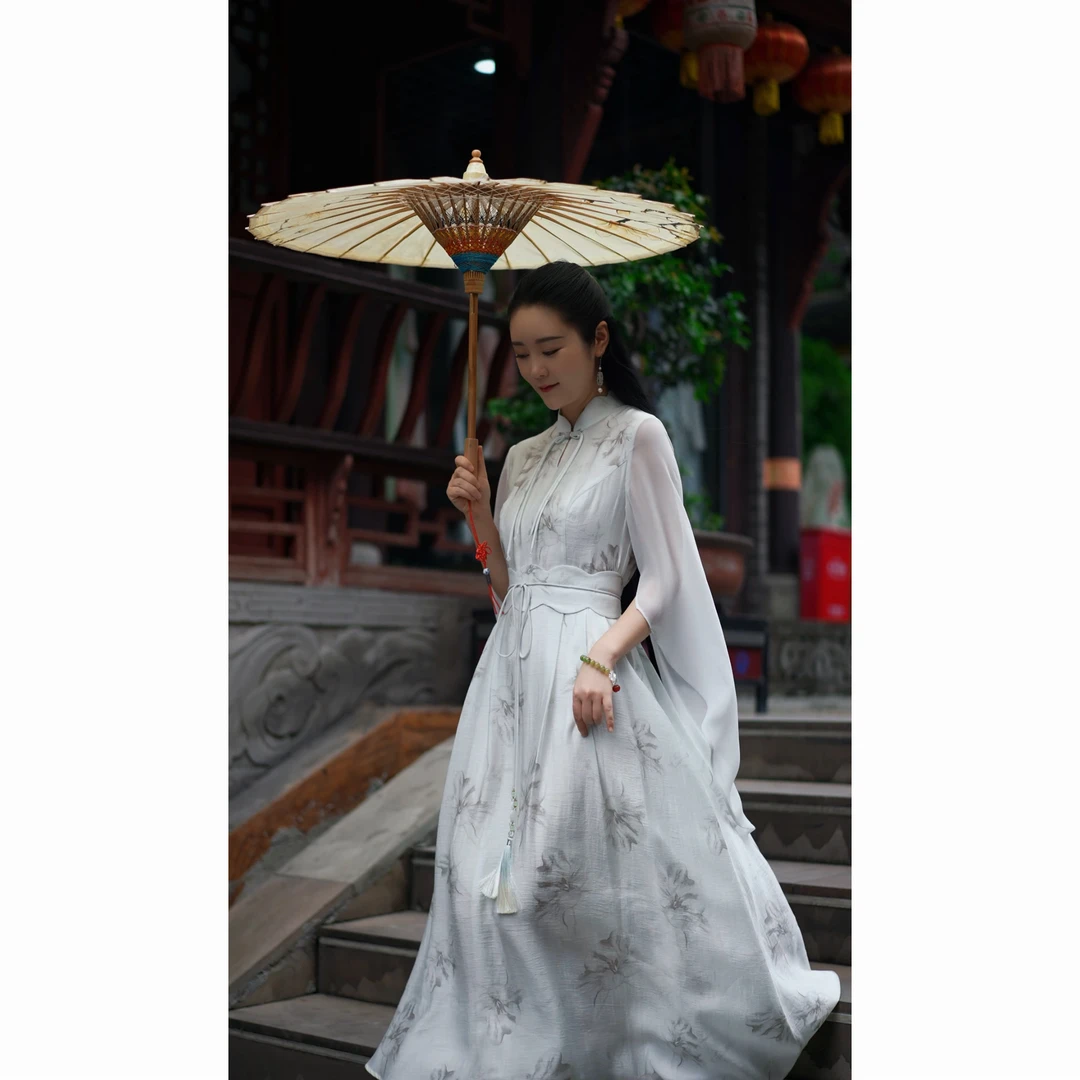 【明月花开】春夏款新中式复古气质显瘦莫奈花园风长款连衣裙