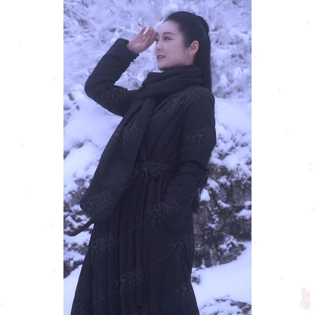 【启墨】冬季纯色气质一片式交领系带长款收腰羽绒服