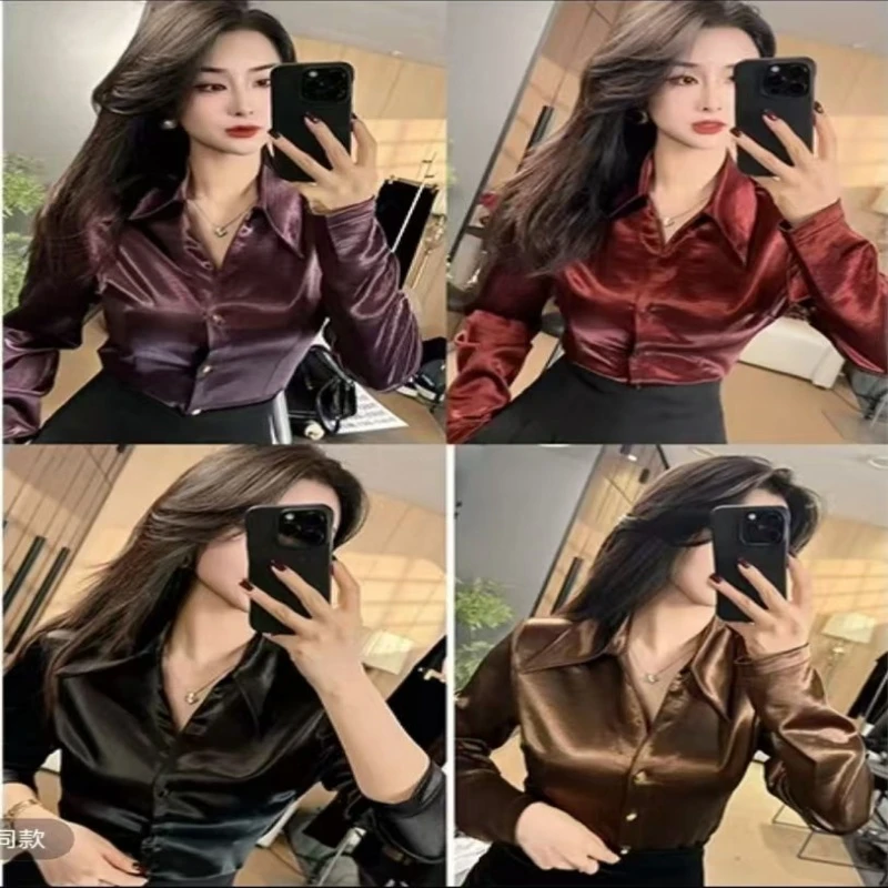 醋酸缎面高级气质长袖衬衫修身春季新款显瘦衬衣开衫上衣