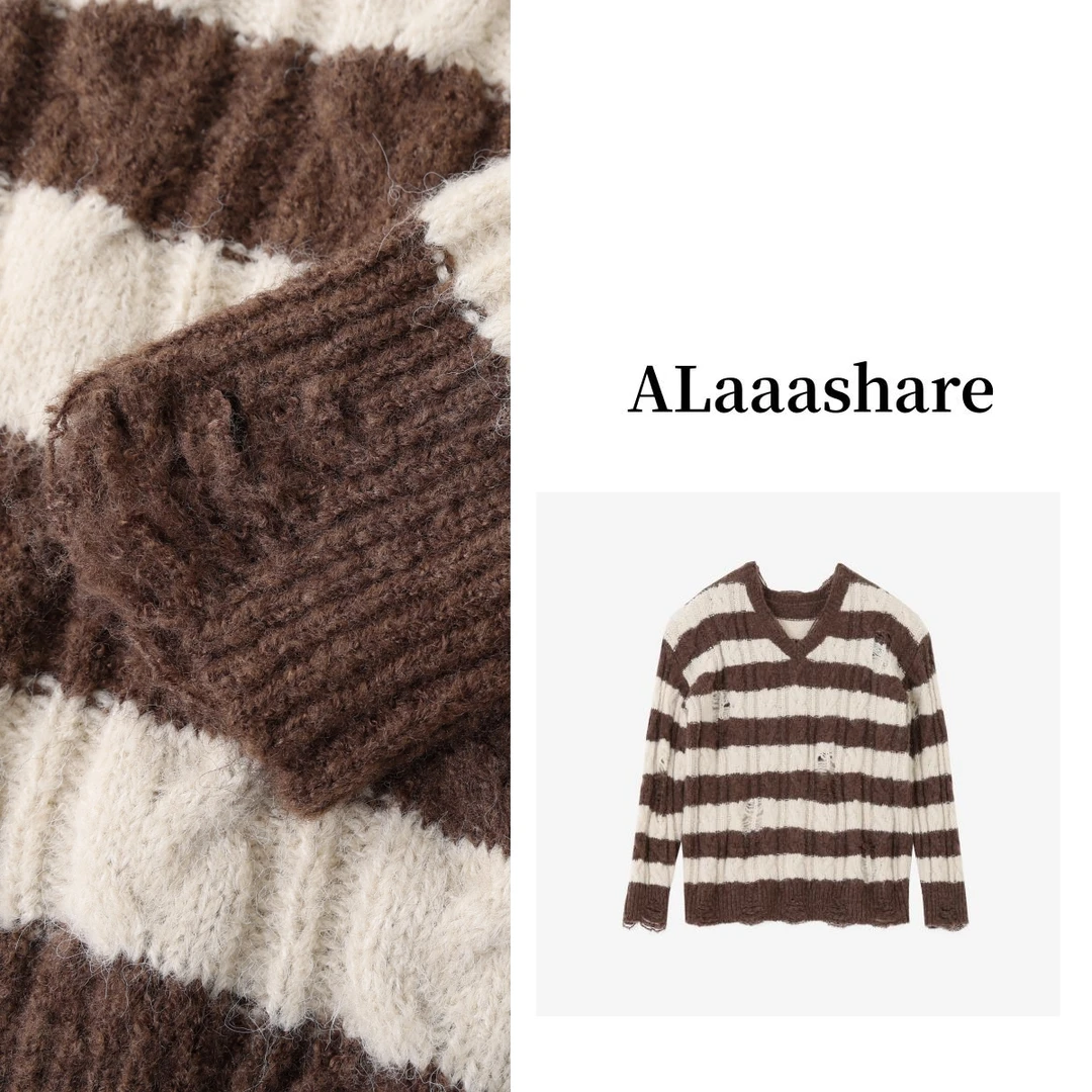 ALaaashare-V领针织复古破洞宽松毛茸茸毛衣条纹拼色慵懒感