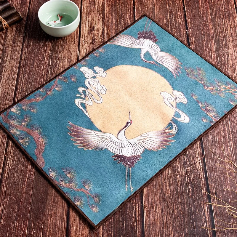 青色月亮鹤茶巾新中式国潮麂皮绒茶巾清洁茶布柔软吸水茶巾