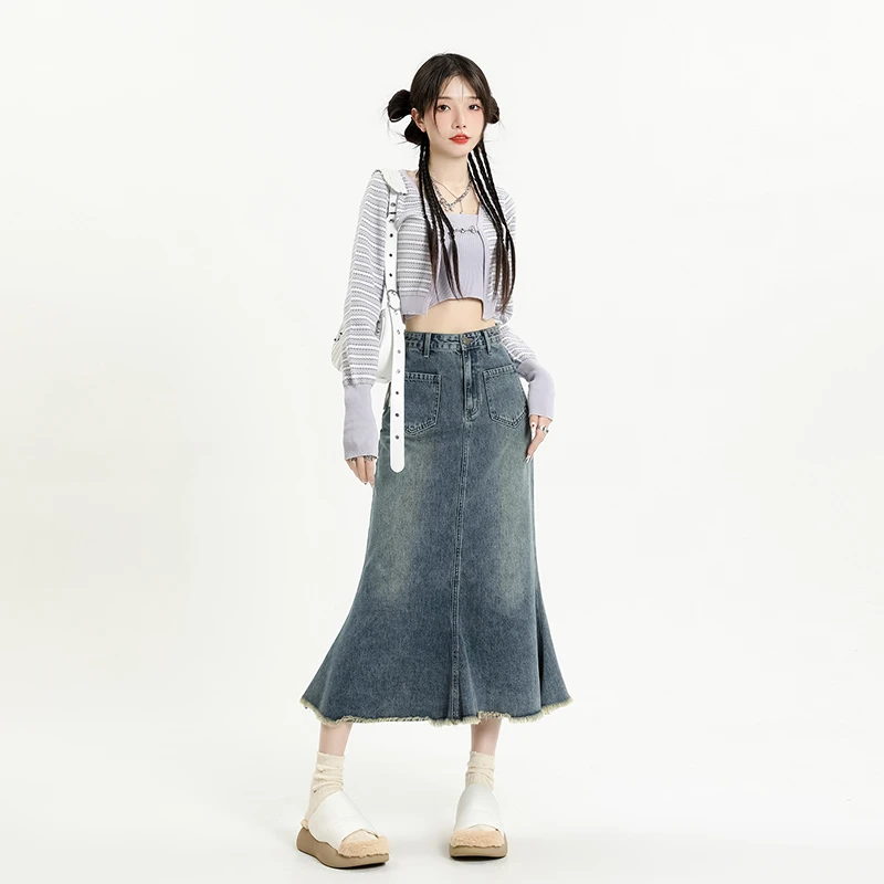 3102#2023年早春新款高腰复古洗水做旧牛仔鱼尾裙女半身牛仔裙子