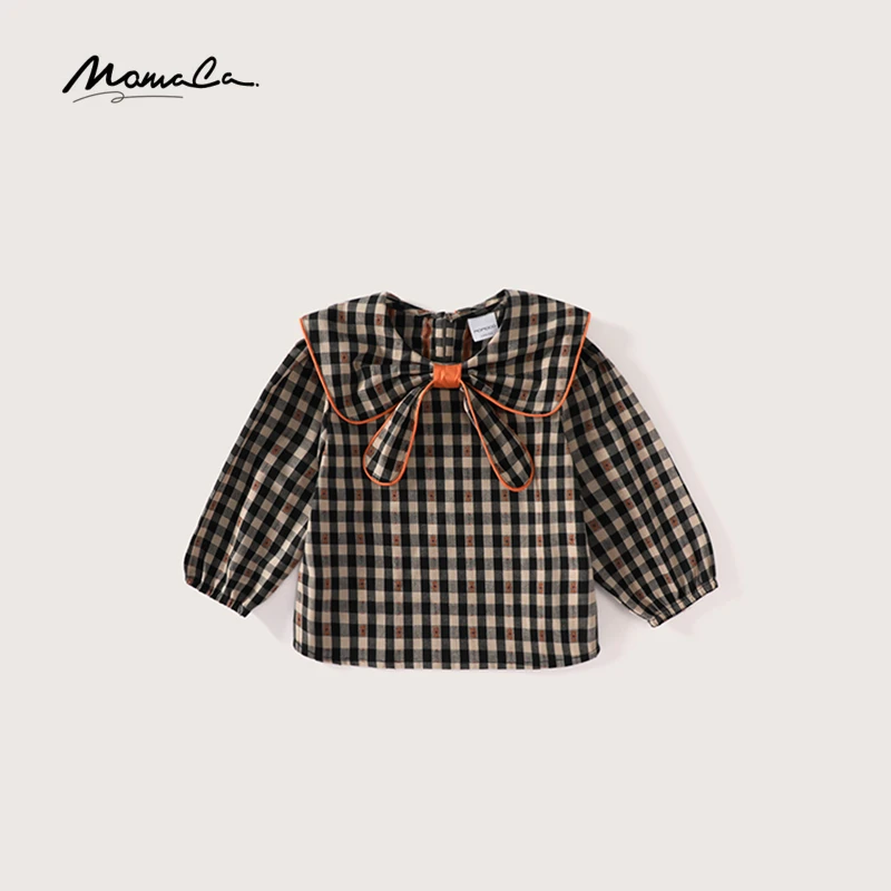 MOMOCO女童春秋新款时尚蝴蝶结格子可爱风娃娃衫75730236015
