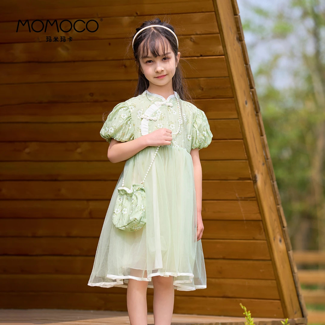 MOMOCO女童夏季国风带包盘扣拼纱连衣裙76630471017