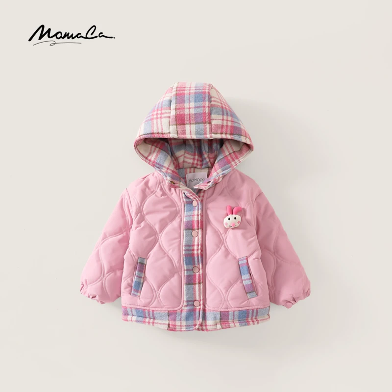 MOMOCO冬季新款女童时尚格子拼接小兔子棉服外套75830101056