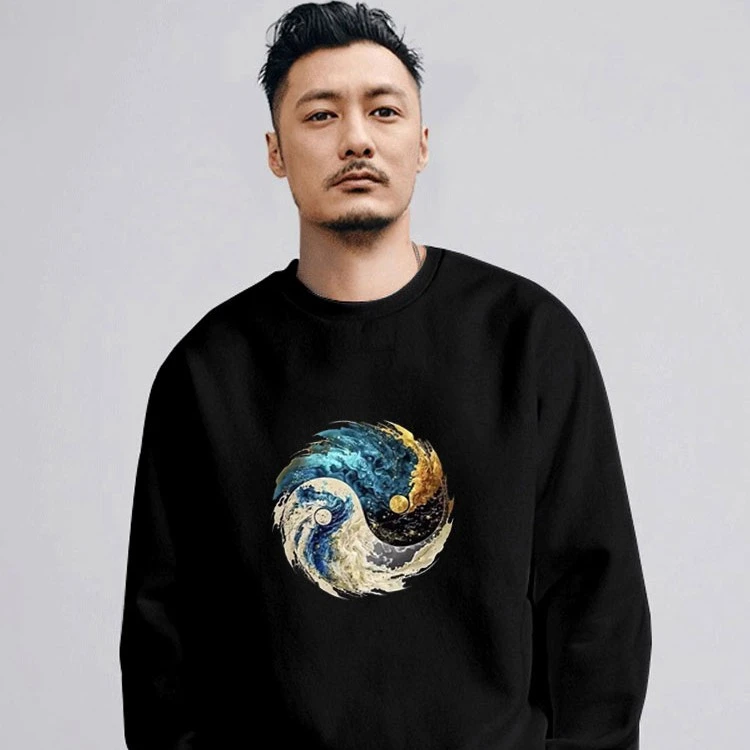 国潮圆领卫衣潮牌男春秋季2023新款太极加绒黑色宽松秋冬情侣长袖