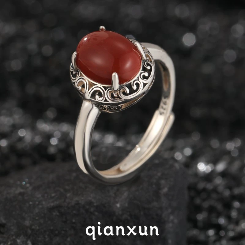 925银戒指 通体S925纯银戒指红色食指戒红运当头复古工艺