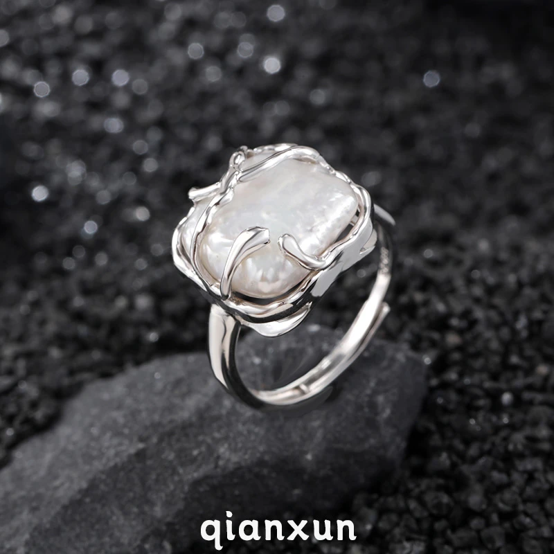 925银戒指 【方珠】纯银戒指捆绑珠珠指环设计师款小众巴洛克戒