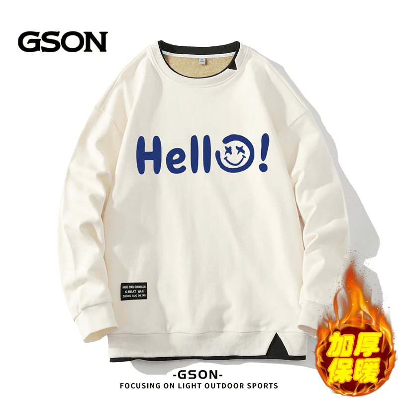GSON加绒加厚圆领卫衣男学生潮流印花春秋款长袖保暖宽松套头衫男