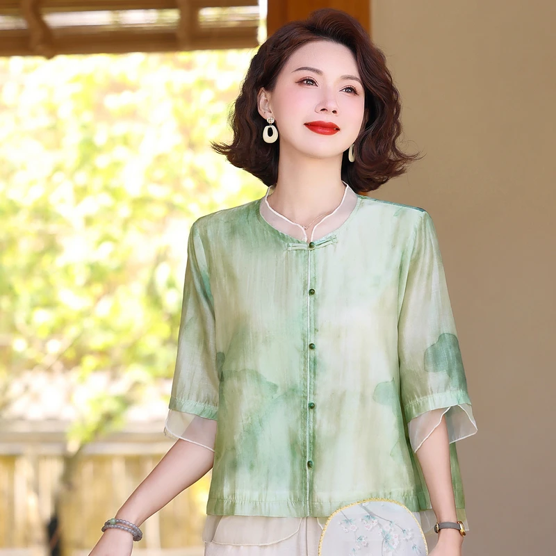 中年妈妈夏装国风2024新款洋气高贵小衫中老年女装T恤上衣服时尚
