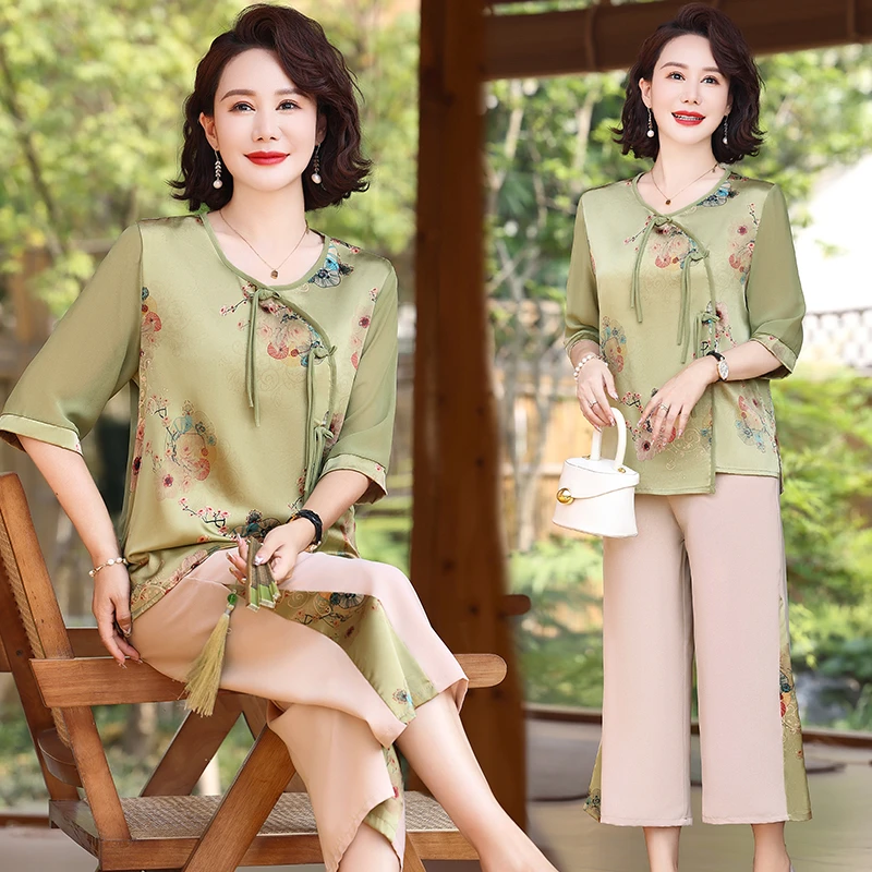 2024新款妈妈夏装套装洋气中老年雪纺衫上衣服女大码T恤两件套