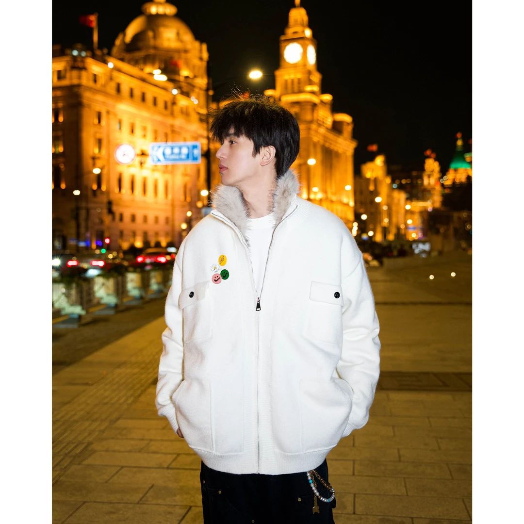 S123【座山雕毛衣】冬季新款个性胸针针织外套男内胆加厚保暖棉服潮