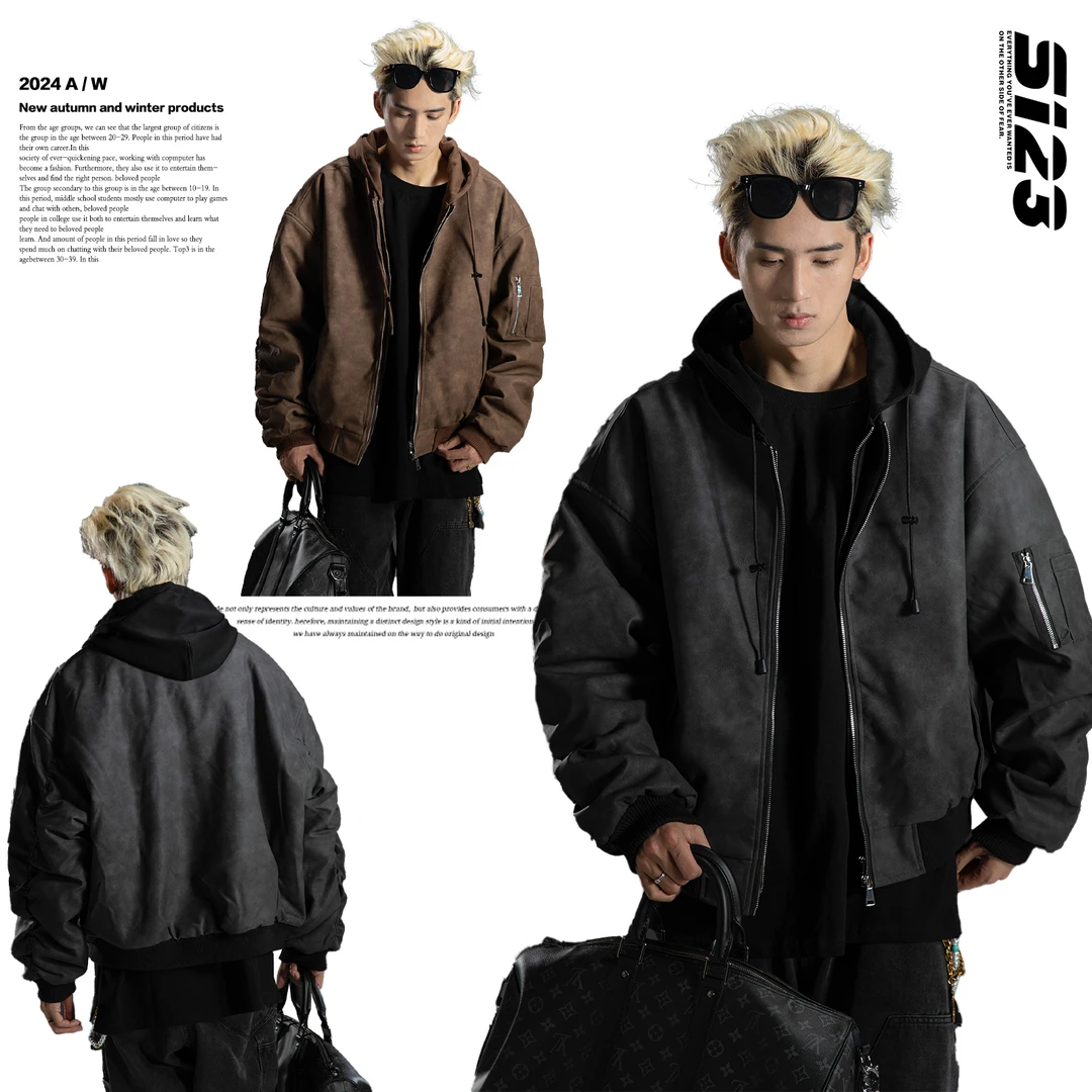 S123红人上新 美拉德假两件夹克男秋冬高级痞帅连帽机车开衫外套