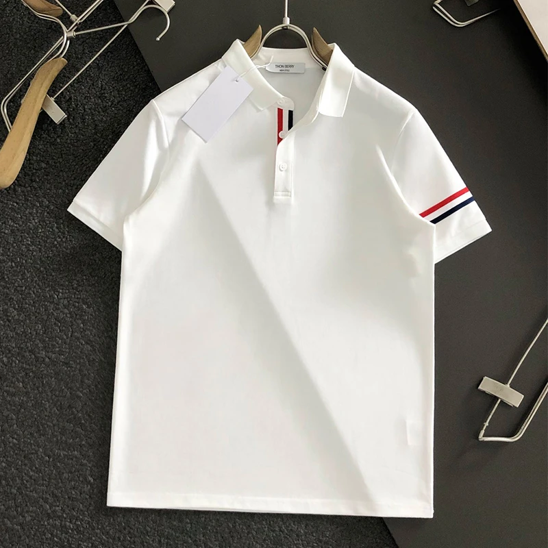 夏季新款男士红白蓝翻领轻短袖商务休闲POLO衫条纹时尚T恤修身潮