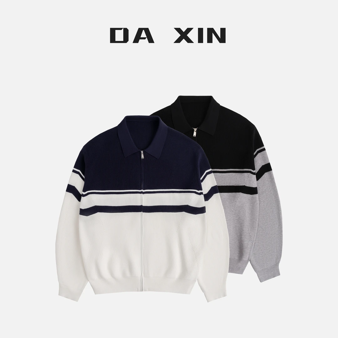 DA XIN秋冬时尚都市简约撞色翻领针织开衫商务休闲拉链毛衣外套男
