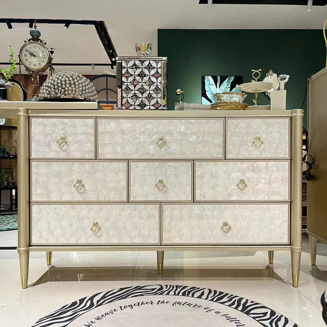 【喜悦家具】轻奢八斗柜实木香槟金贝壳柜139*43*84+搭板120*40*87