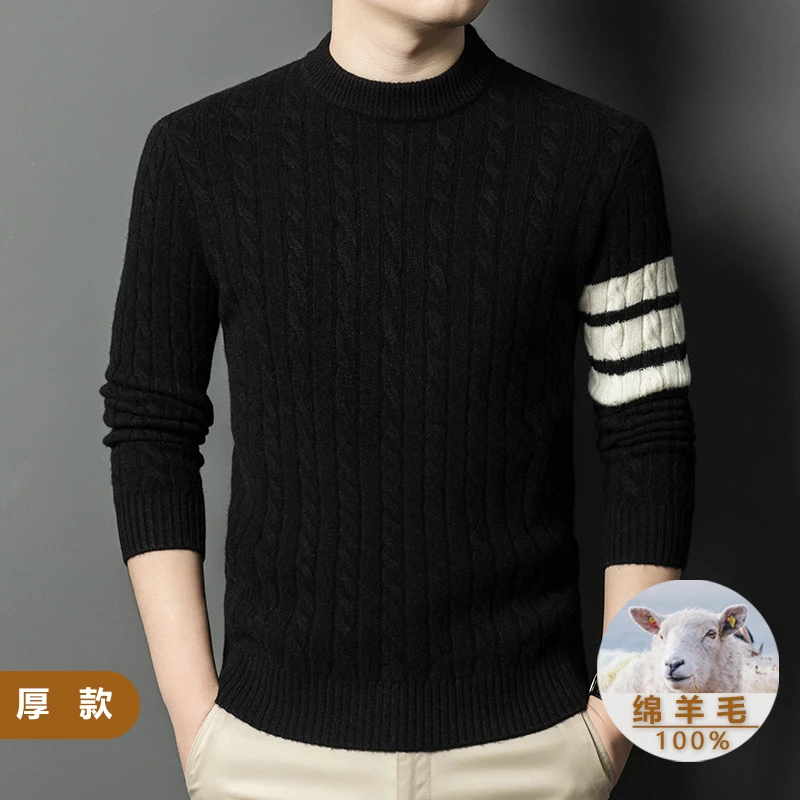 厚款男士羊毛衫圆领100%纯羊毛冬季绵羊毛三条杠提花时尚针织衫