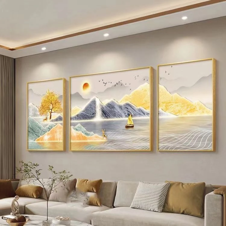 现代轻奢客厅装饰画大气简约山水三联壁画沙发背景墙背有靠山挂画