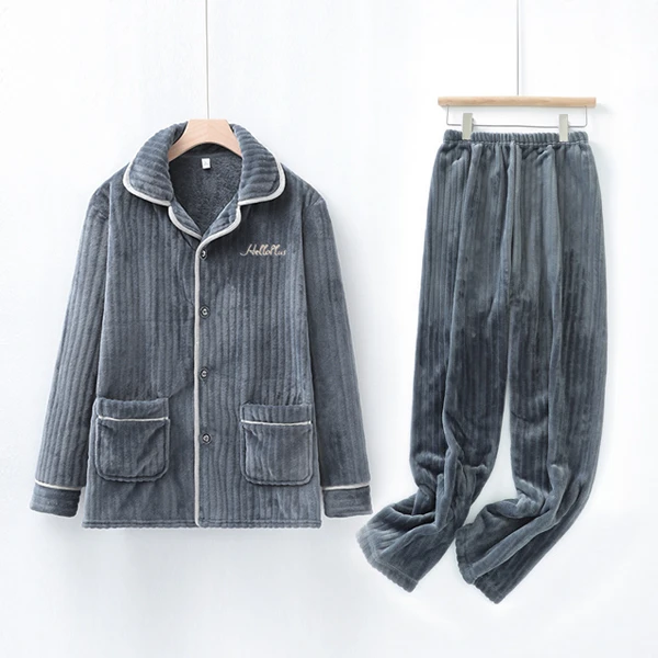 2023新款睡衣秋冬加厚长袖Baby绒刺绣两件套居家服男款