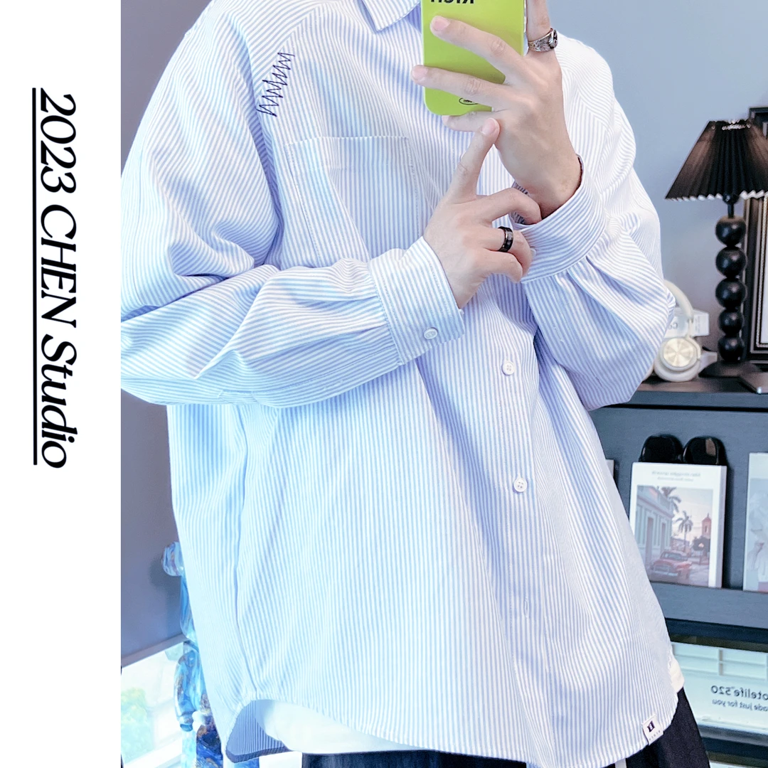 CHEN_【0062】日系宽松简约cityboy风廓形宽松条纹擦肩长袖衬衫男