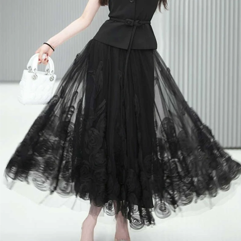 蕾丝半身裙显瘦高腰黑色纱裙气质优雅玫瑰网纱半身裙 RH025C