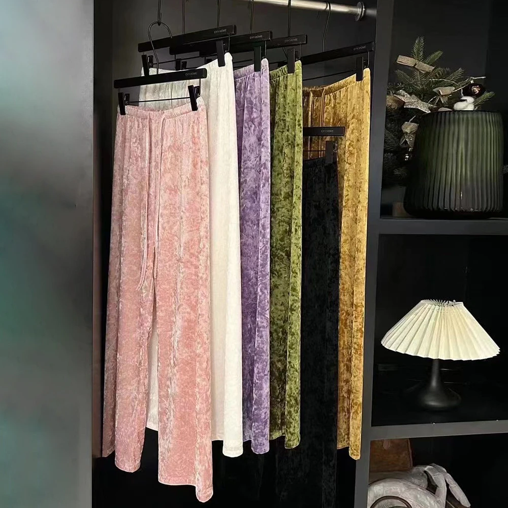 2025新款 显瘦金丝绒重感松紧高腰直筒休闲裤 LK117