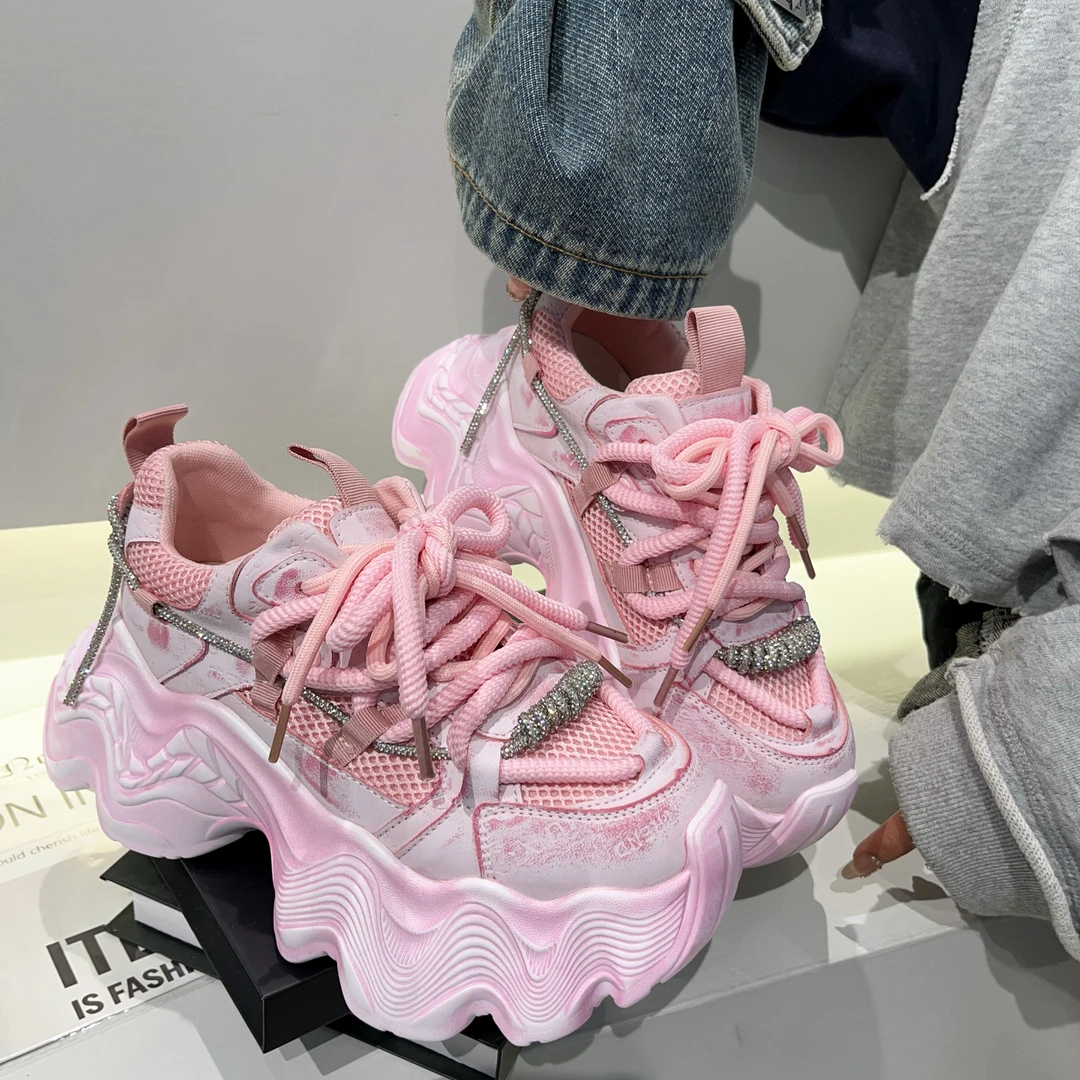 【小涵家】2025春季新款欧洲站水钻7CM厚底增高显瘦休闲老爹鞋ins