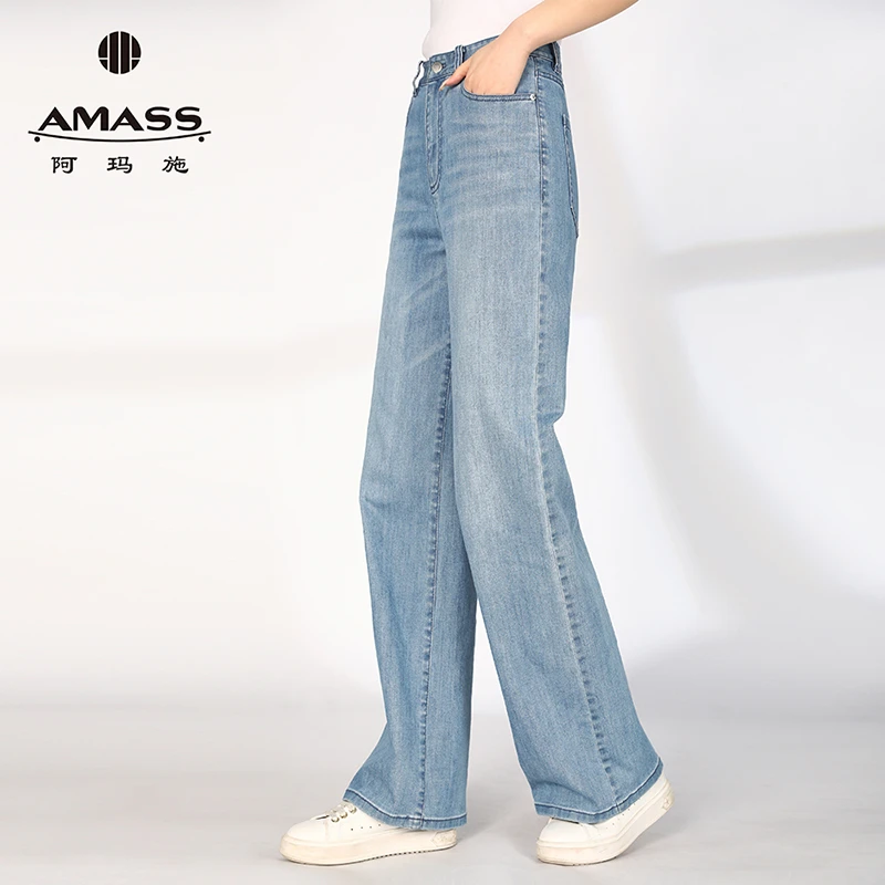 阿玛施AMASS新年春季宽松高腰休闲直筒修身显瘦阔腿牛仔裤5100388