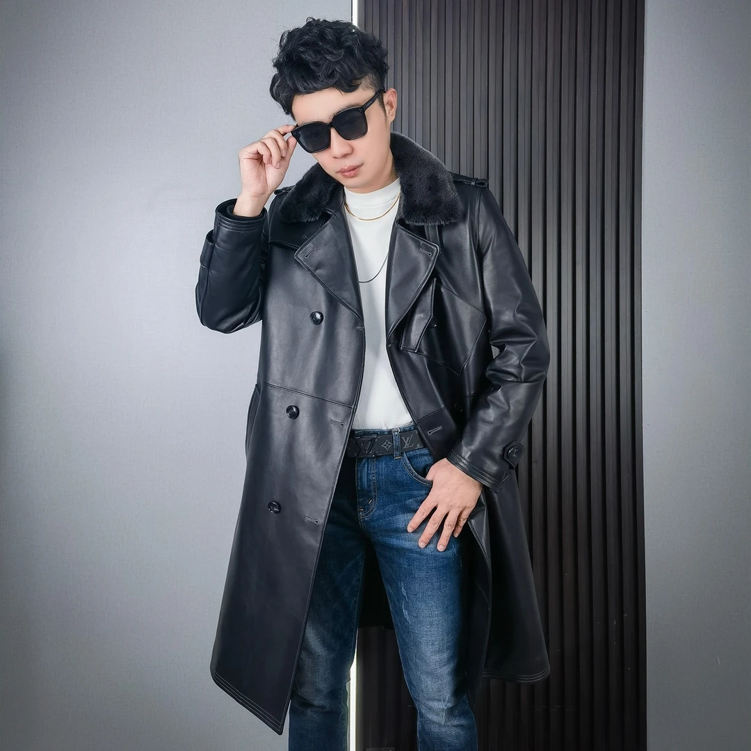 真皮皮衣优质头层绵羊皮超长款风衣男士时尚百搭白鹅绒内胆水貂领