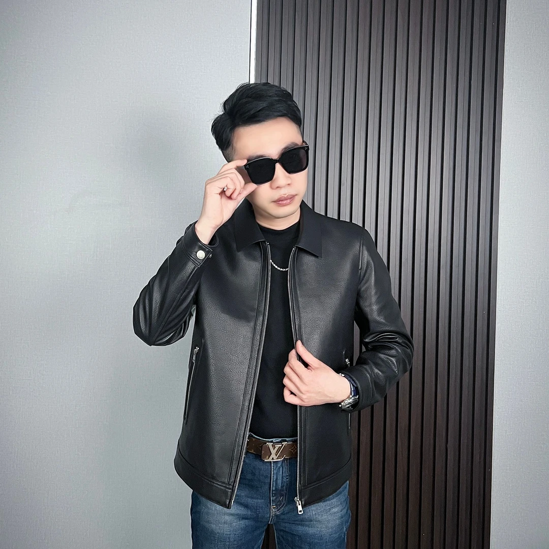 头层绵羊皮荔枝纹男士休闲时尚商务真皮翻领皮夹克春秋短款2302