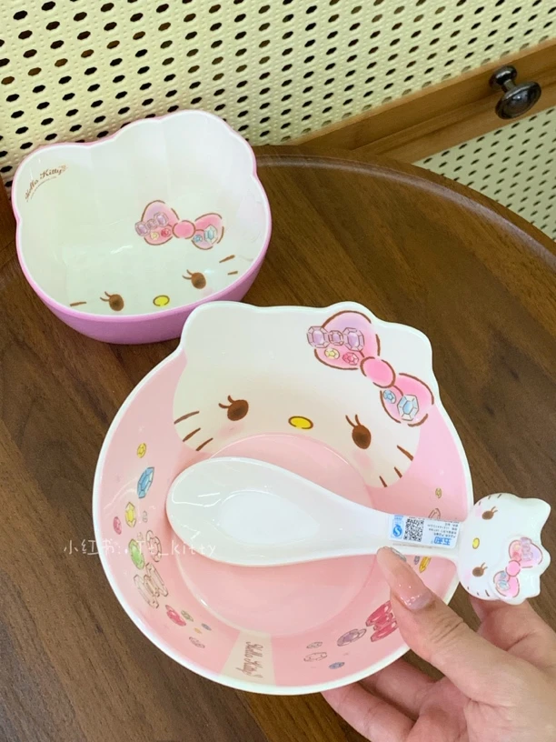 Hellokitty餐具粉色系列猫头勺碗餐盘餐具饭碗密胺餐具饭碗可爱