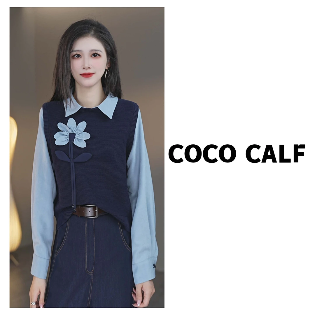 【繁花似锦】立体手工花针织拼接衬衫长袖上衣 BCR2729